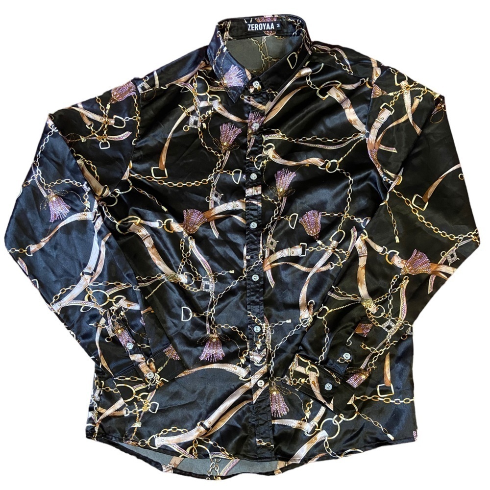 ZEROYAA Black Silky Smooth Pink Chain Design Button-down Shirt